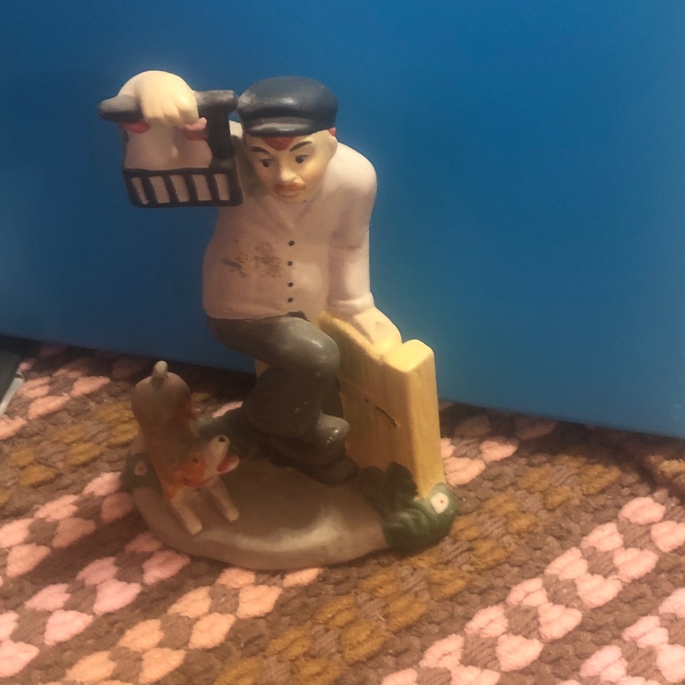 Hand-Painted Milkman Porcelain Accent Figurine Opening Gate; Dog Nipping at Foot